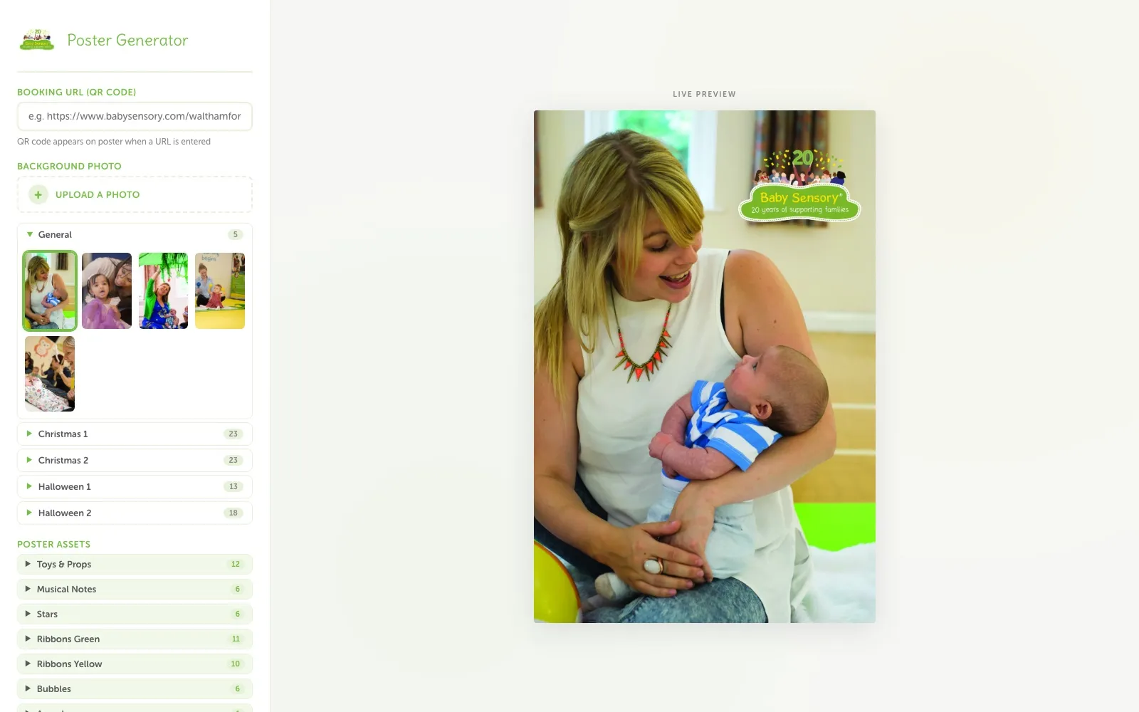 Baby Sensory Poster Generator editor with photo library and live preview