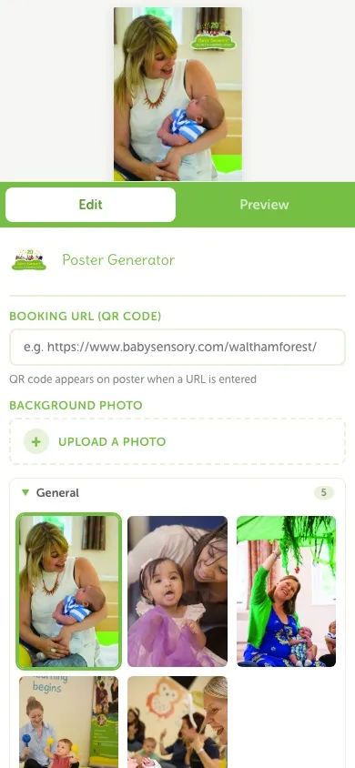 Poster Generator mobile interface with Edit and Preview tabs