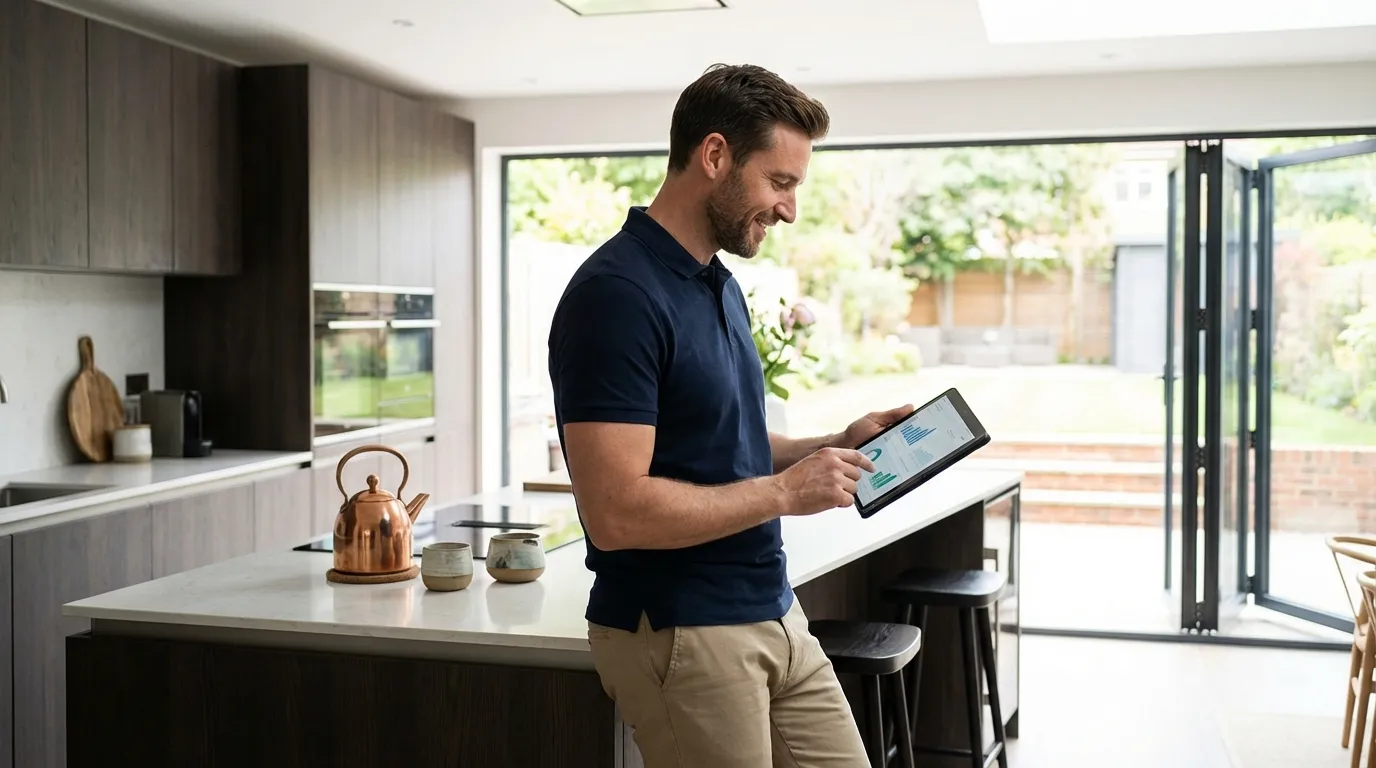 Tradesman analyzing Checkatrade vs own website ROI on tablet