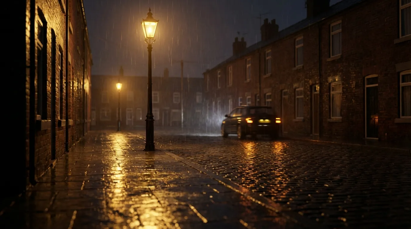 Rainy UK street scene representing panic UX and click to call features for locksmiths