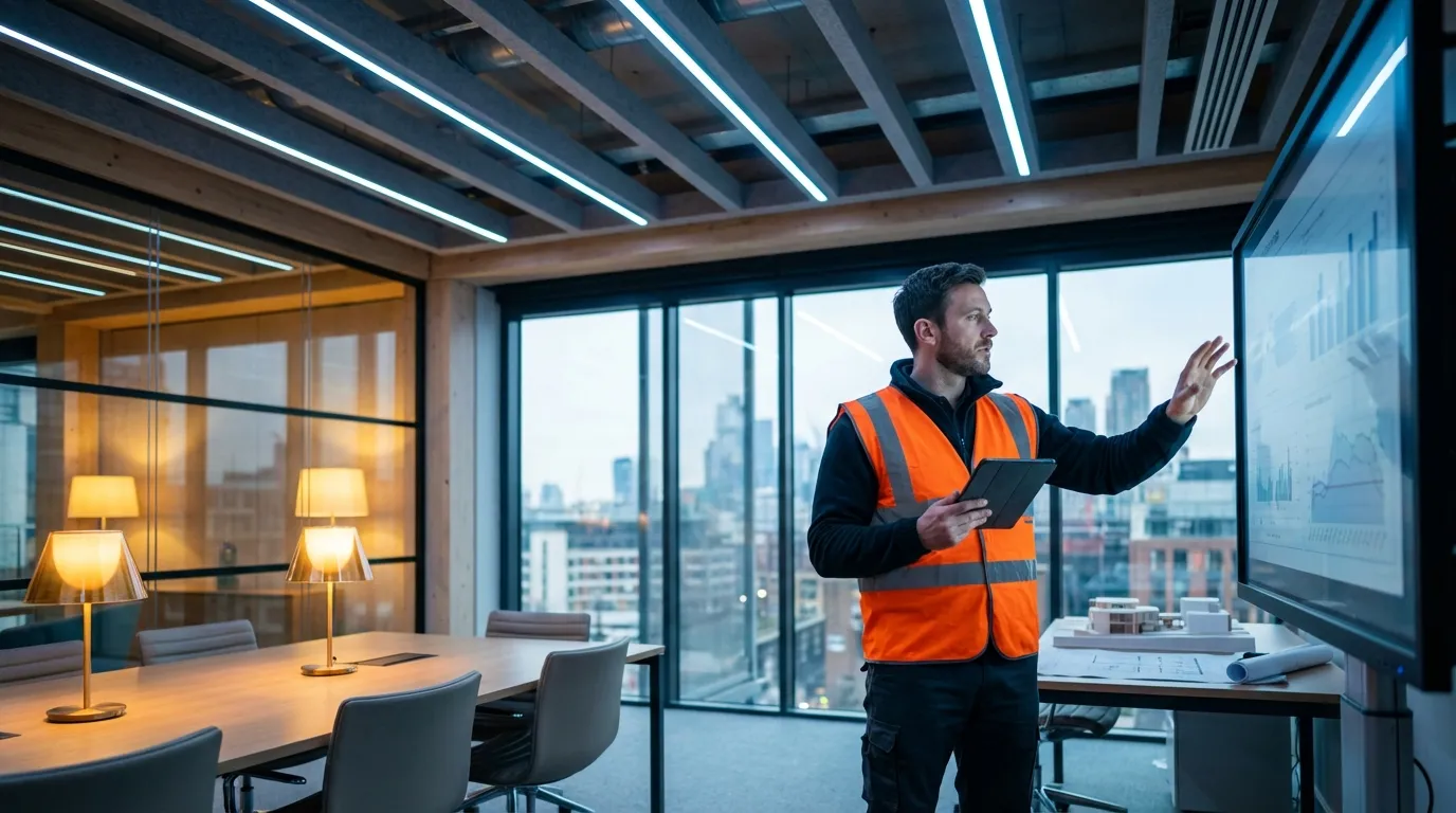 Professional tradesman holding tablet displaying cookie banner requirements uk compliance settings.