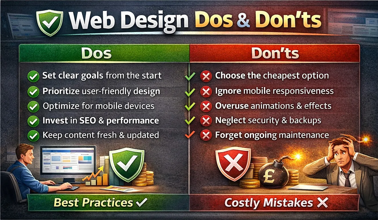 Do's and don'ts when hiring a web designer: Do get multiple quotes, check portfolios, ask about ongoing costs. Don't pay 100% upfront, fall for guaranteed rankings, or choose on price alone