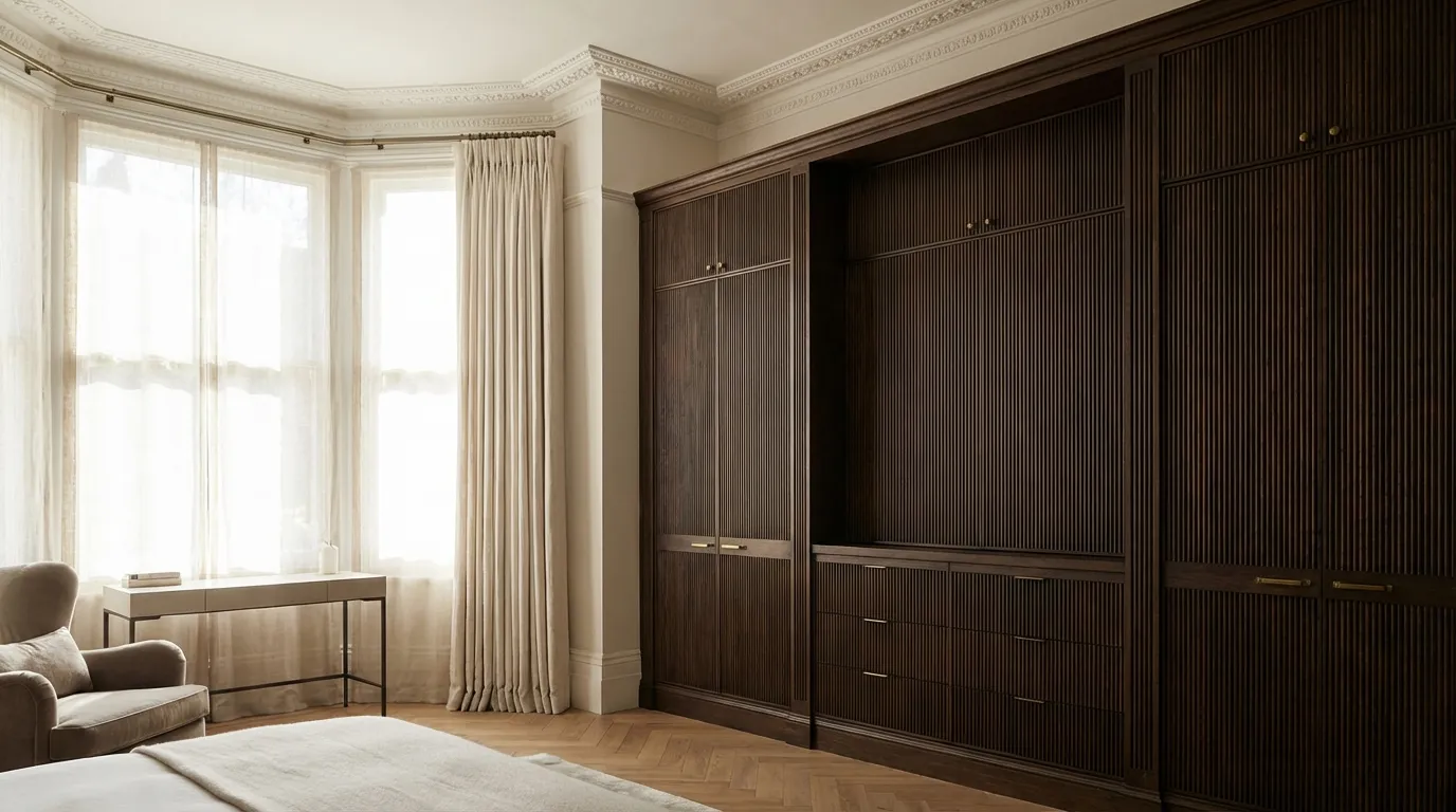 Bespoke fitted wardrobes London interior showing carpentry web design strategy