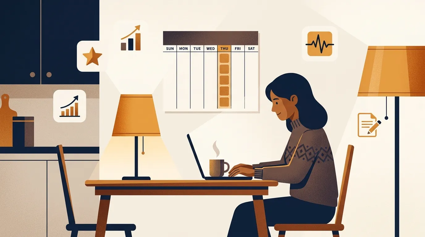 Owner managing a small business website at a kitchen table, weekly routine slot marked on the wall calendar