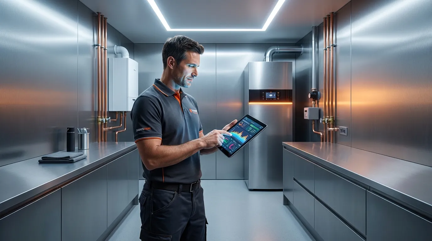 Professional heating engineer analyzing website ROI on tablet in modern boiler room