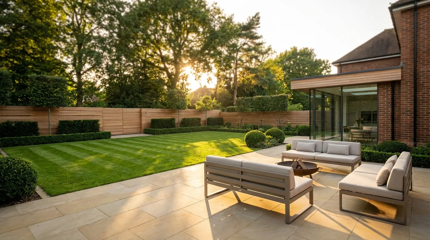 代表高性能景观设计师网站设计的现代英式花园露台。