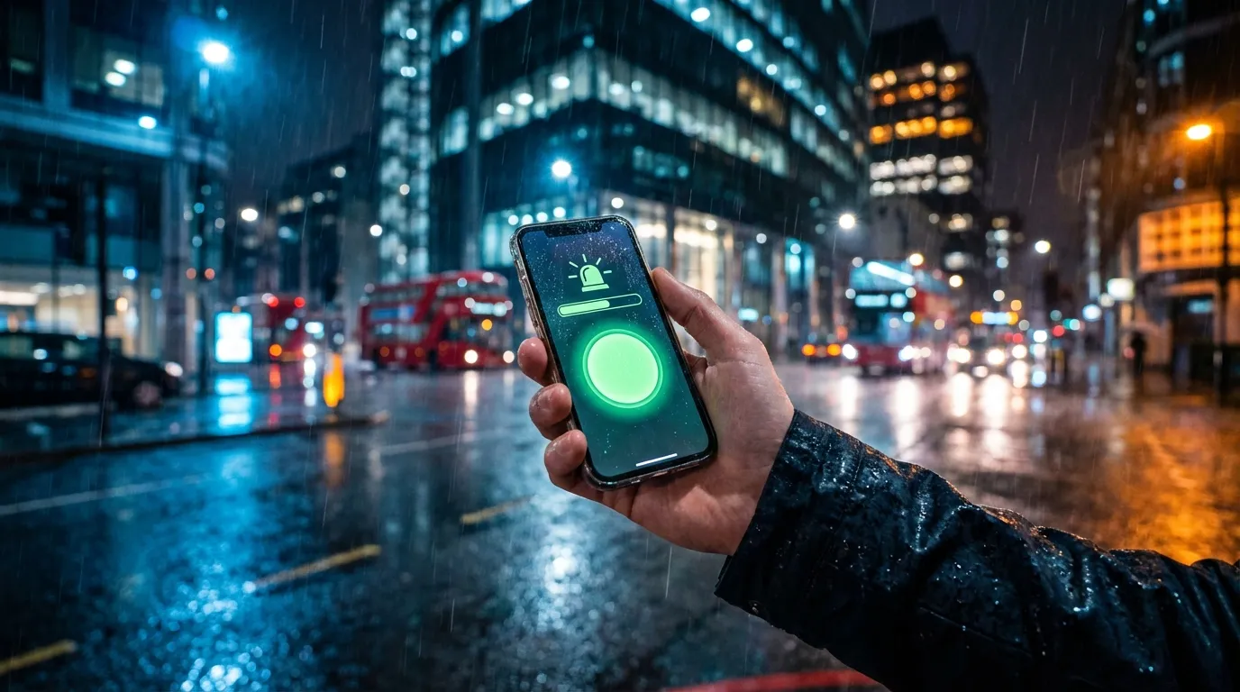 Close up of locksmith website design on mobile phone during rainy night