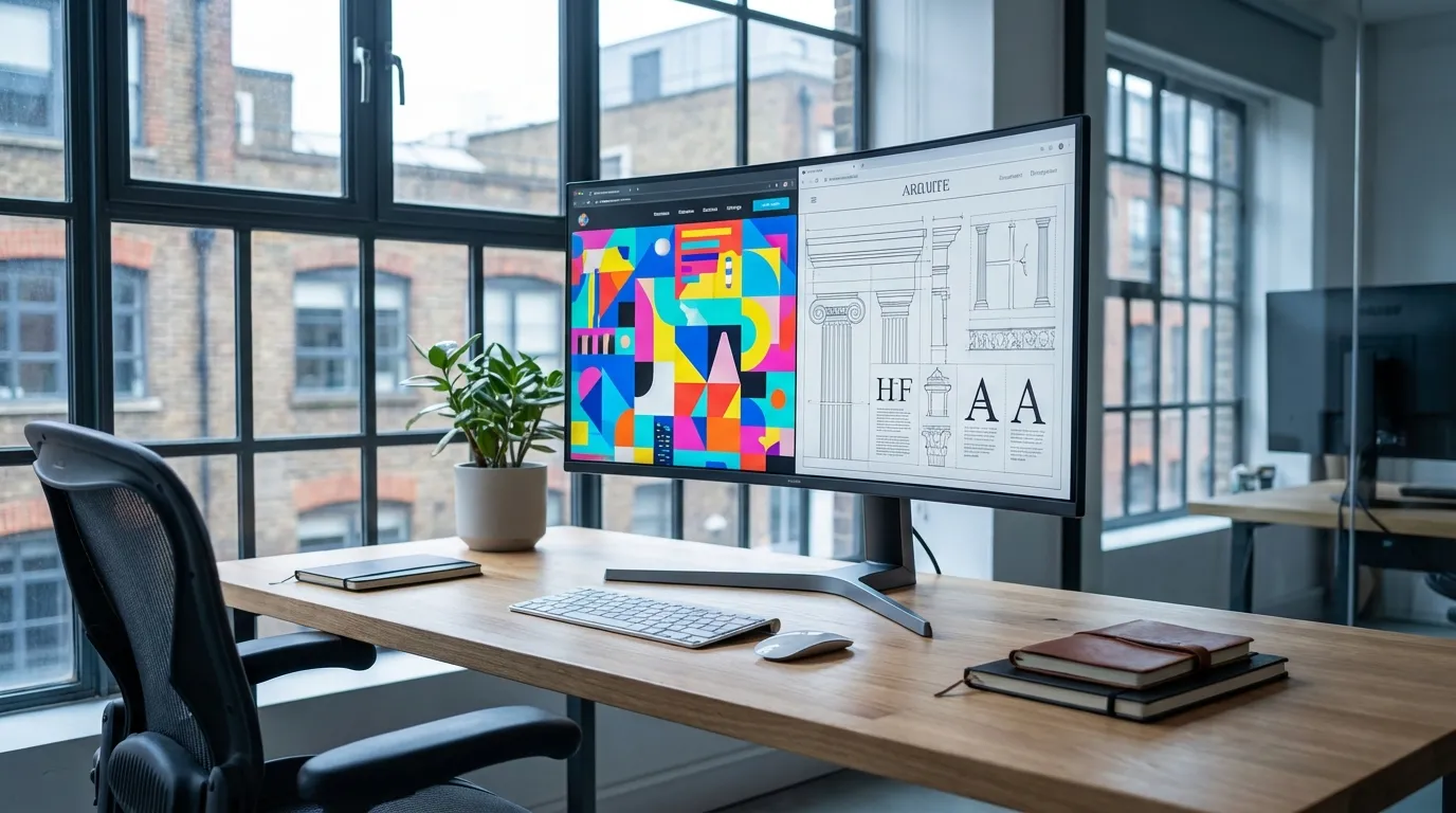 Modern office showing painter and decorator web design wireframes on monitor.
