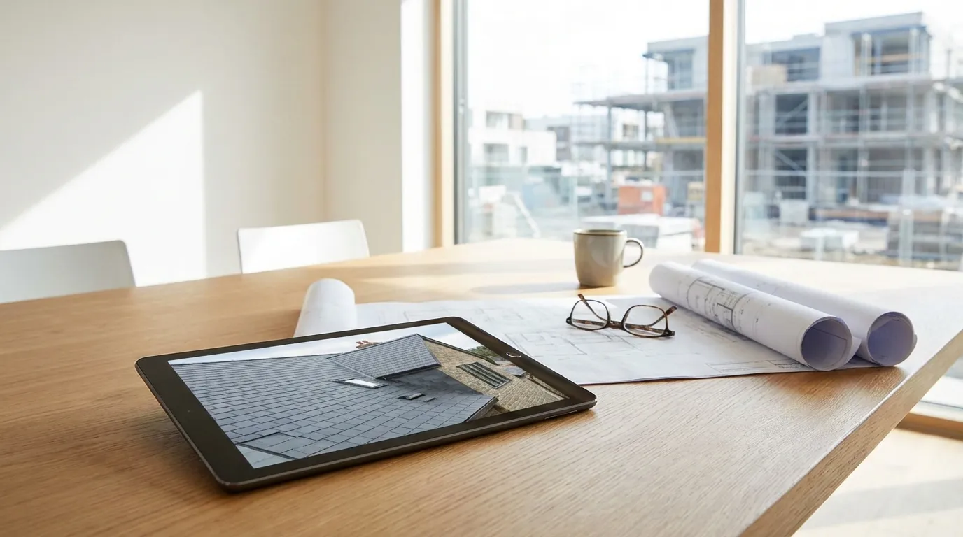 Digital tablet displaying professional roofing website design portfolio alongside architectural blueprints.