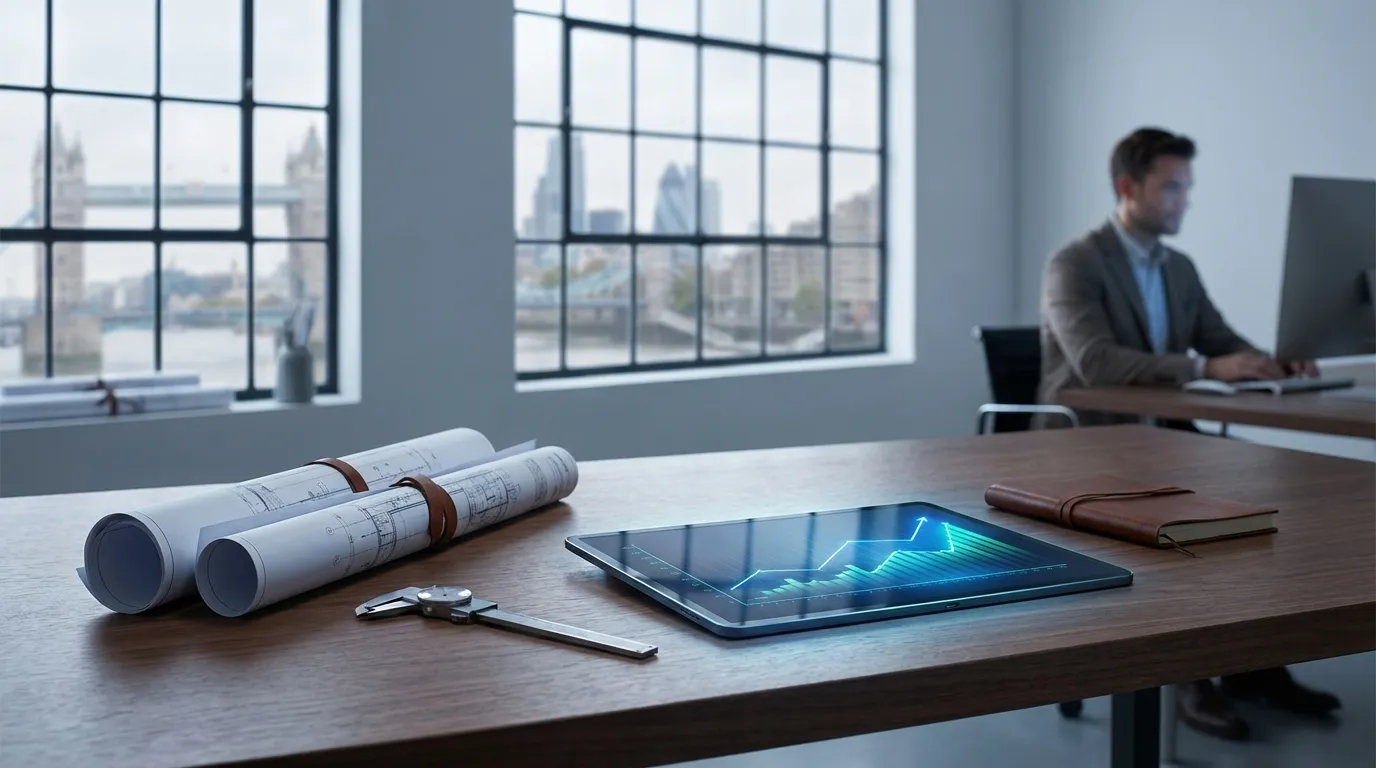Modern tradesman website design blueprint and digital tablet on a professional workshop desk.