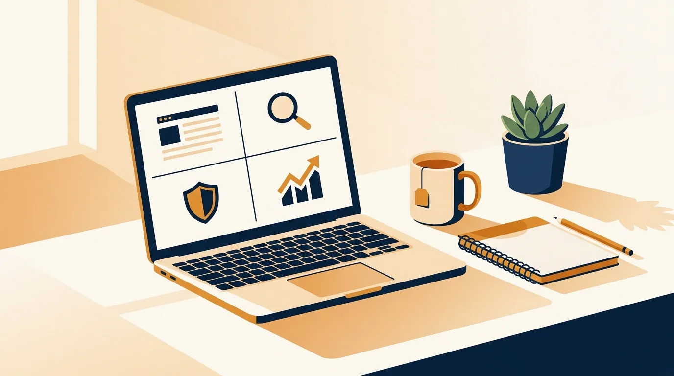 Small business owner's laptop showing a website management dashboard split into content, SEO, security and analytics panels