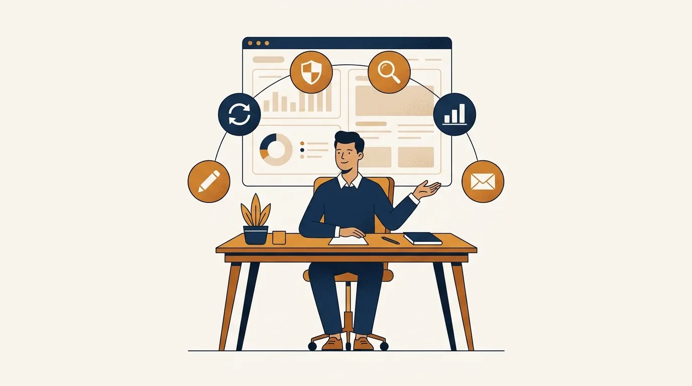 A website manager juggling six workstreams: content, updates, security, SEO, analytics and reporting