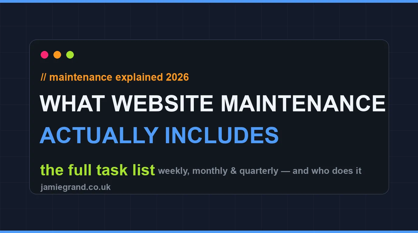 What does website maintenance include - the full weekly, monthly and quarterly task list for 2026, and who does it