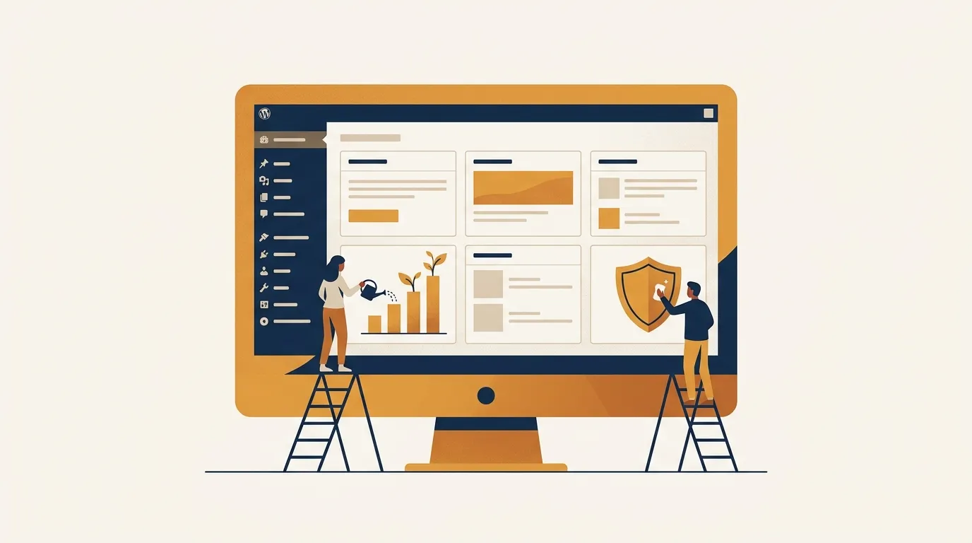 Two figures tending a WordPress admin dashboard, illustrating full-service WordPress website management