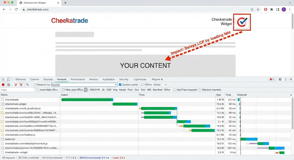Diagram showing how a Checkatrade widget impacts Core Web Vitals and page speed.